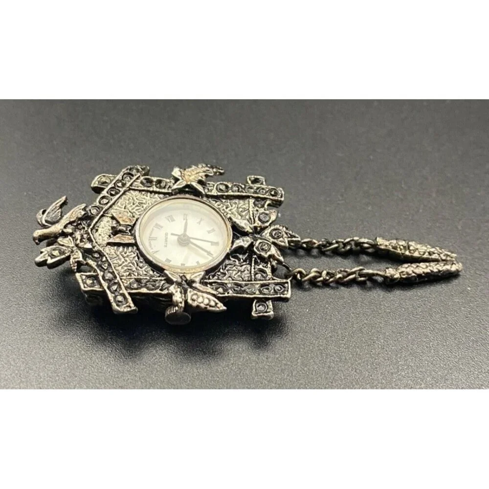 Vintage Watch Brooch/Pendant Lind Silver Tone Marcasite Cuckoo Clock Quartz 2.5" - Picture 2 of 7